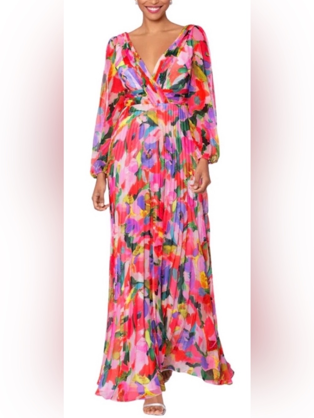 Betsy and Adam Vibrant Floral Women’s Pleated Maxi Dress-Pink Multi size 14 NWT